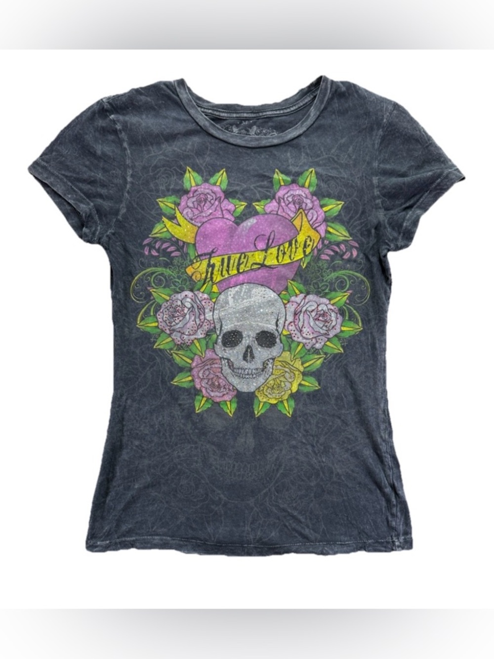 Vintage Vegas Royalty Ed Hardy Style T Shirt Women's Medium Black Y2K Rhinestone